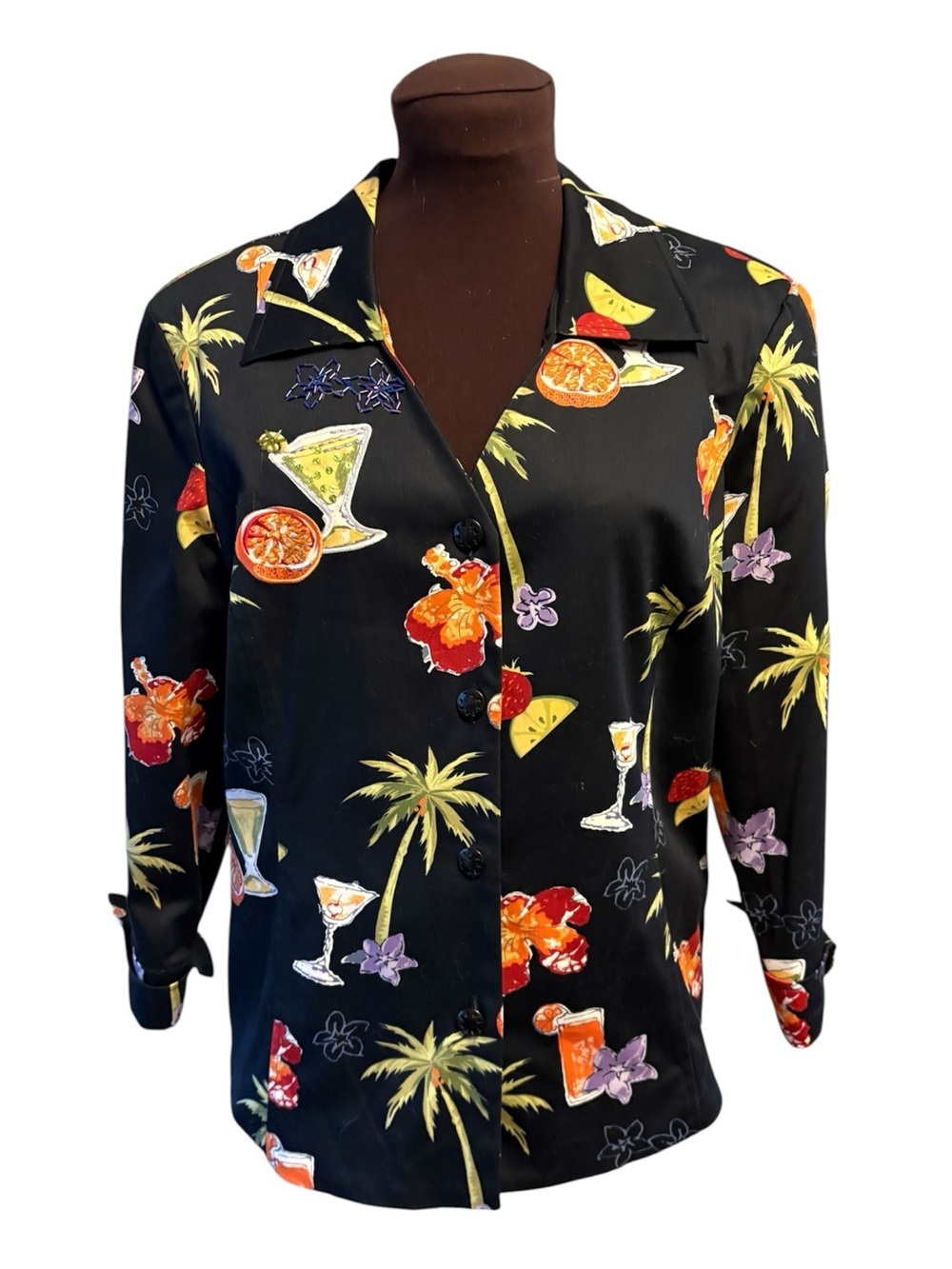 Nancy Bolen City Girl Black Jacket Beaded Tropical Cocktail Print Womens size 8